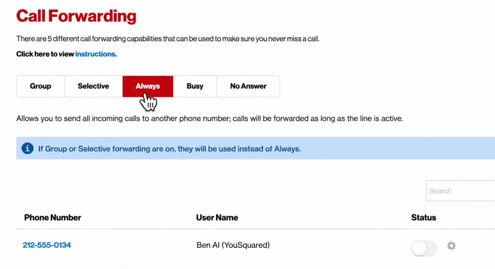 Verizon One Talk call forwarding admin